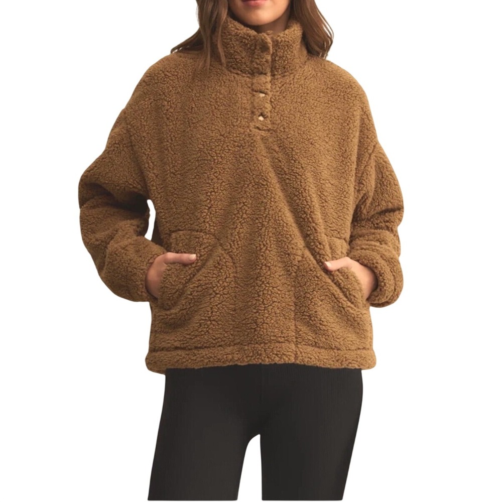 Z Supply Brooklyn Sherpa Jacket Womens XL Brown NWT Pullover Snap Mock Neck